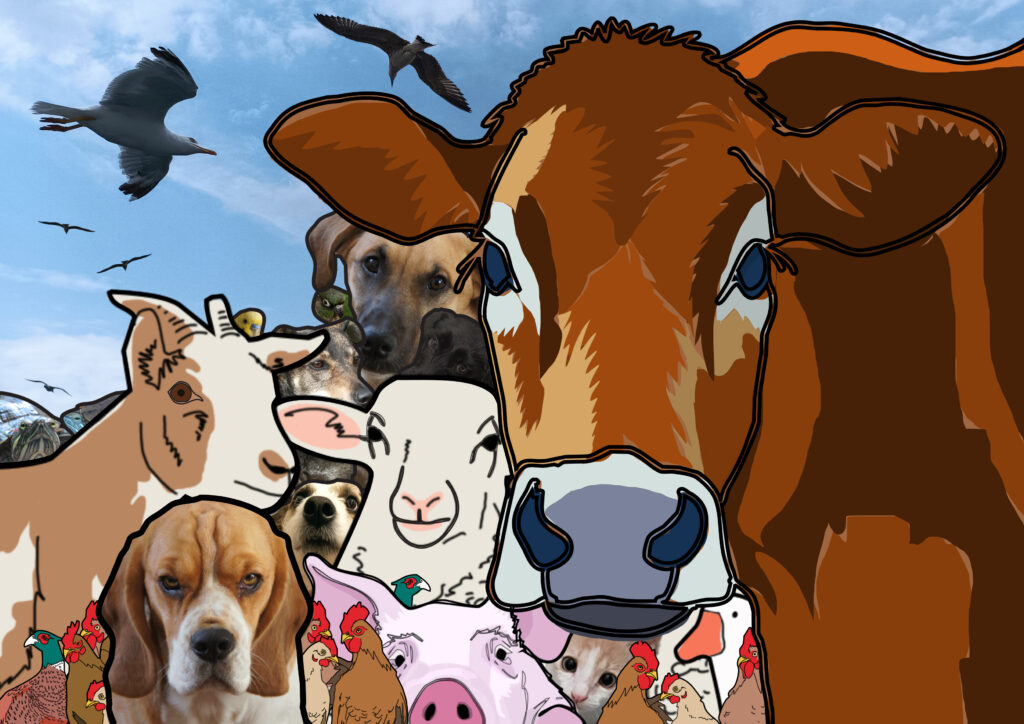Domaće i kućne životinje različitih vrsta stoje zajedno i gledaju u pravcu posmatrača, upućujući na ideju veganstva i jednakog poštovanja prema svim bićima.